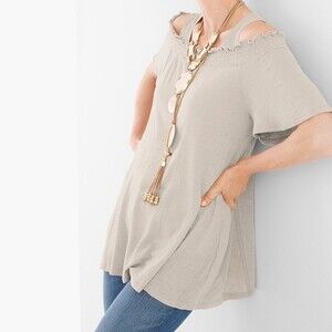 NWT CHICO’S Smocked Off-The-Shoulder Top in Tan. Size 2 (Large or 12)